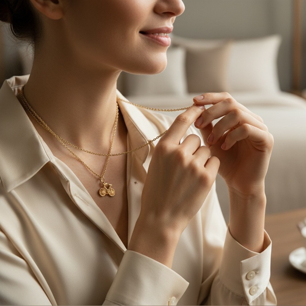 Gold Tone Bicycle Charm Necklace Minimalist Cycling Pendant